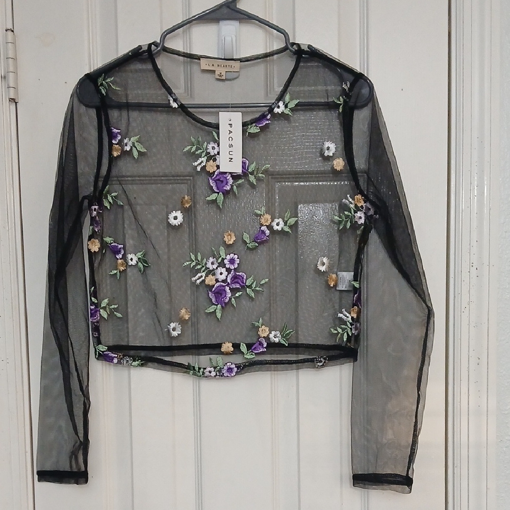 NWT PacSun Sheer Black And Floral Details Embellished Crop Top Blouse